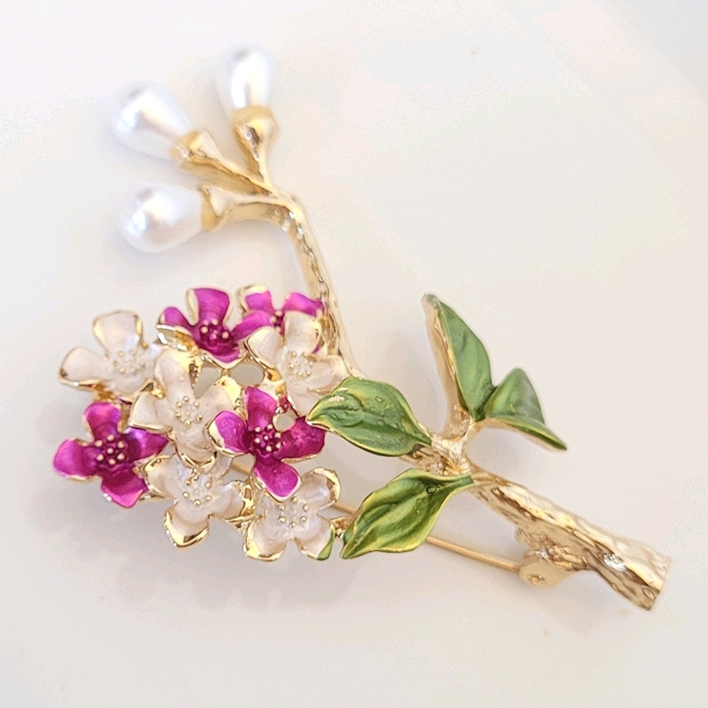 14k Gold Plum Blossoms Spring Branch Pearl Brooch Pin NWT